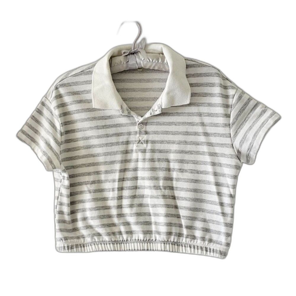 Ultra Flirt Women Crop Top Size L White Gray Striped Short Sleeves